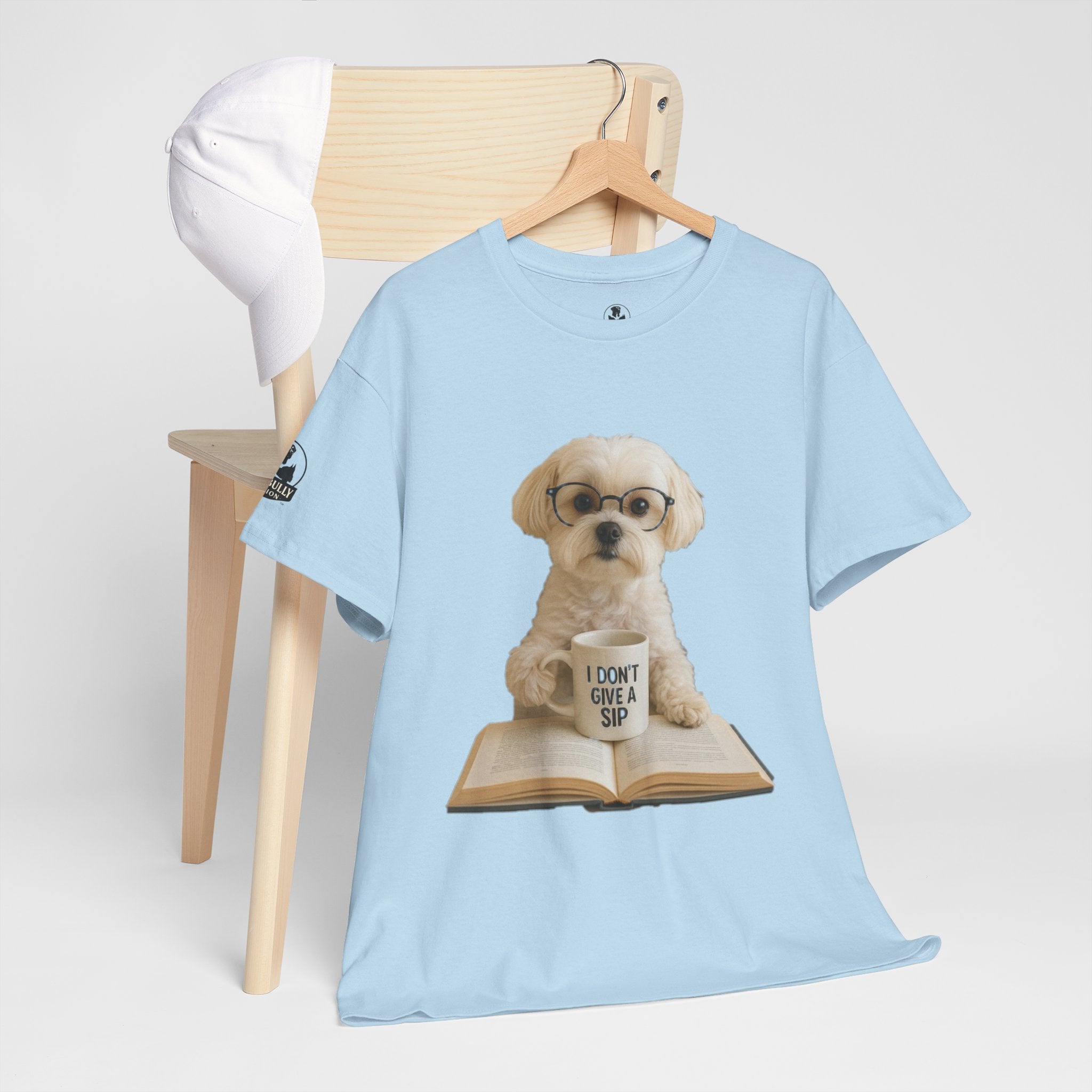 Funny Maltese Dog T-Shirt, Coffee Lover Shirt, Book Lover Gift, Cute Dog Graphic Tee, I Don’t Give A Sip, WhimsyWear™ Unbothered™