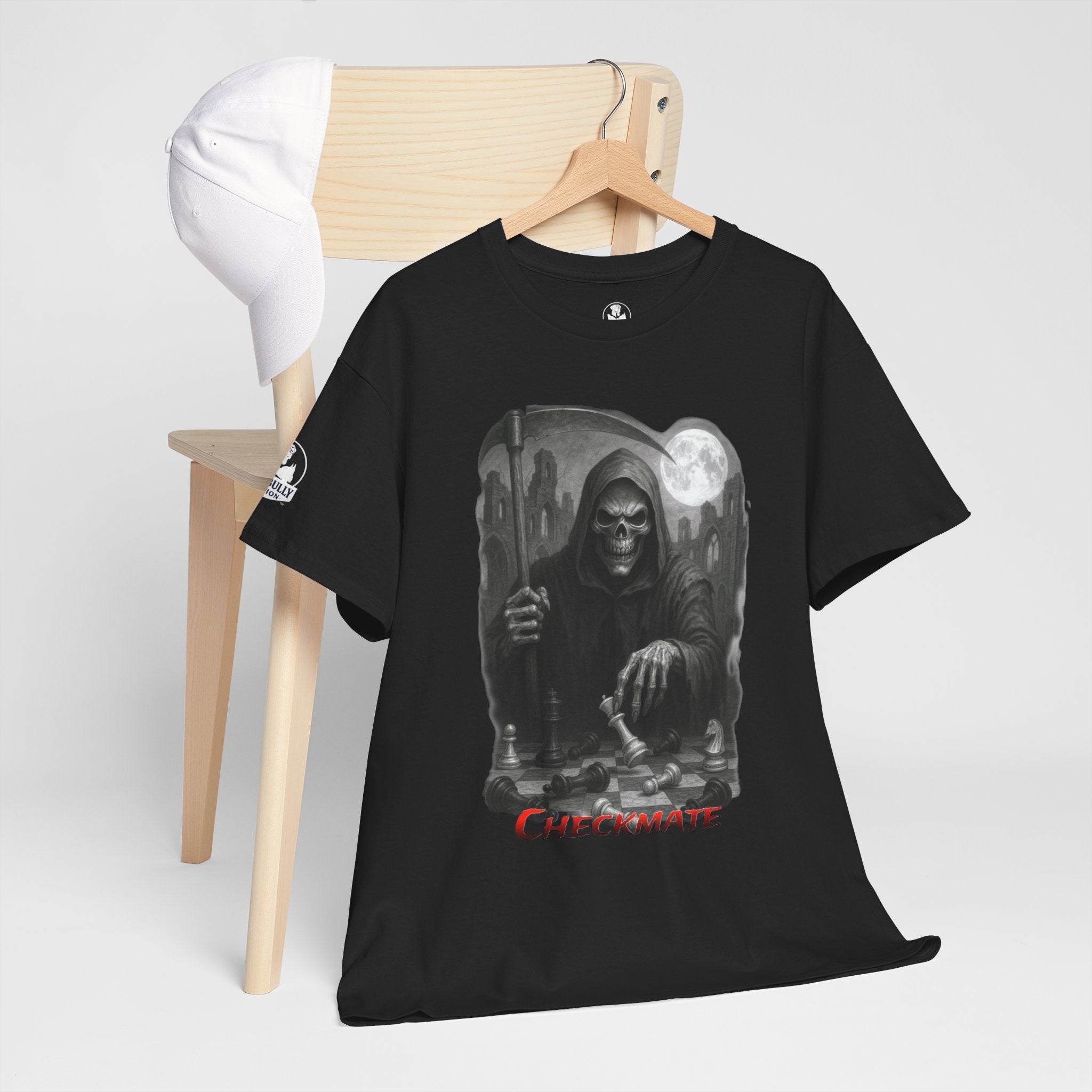 Grim Reaper Checkmate T-Shirt, Gothic Chess Graphic Tee, Dark Streetwear Shirt, Skull and Chessboard Apparel, Urban Edge™ Checkmate