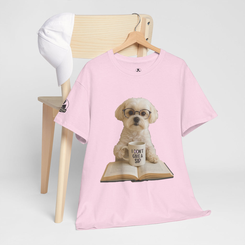 Funny Maltese Dog T-Shirt, Coffee Lover Shirt, Book Lover Gift, Cute Dog Graphic Tee, I Don’t Give A Sip, WhimsyWear™ Unbothered™