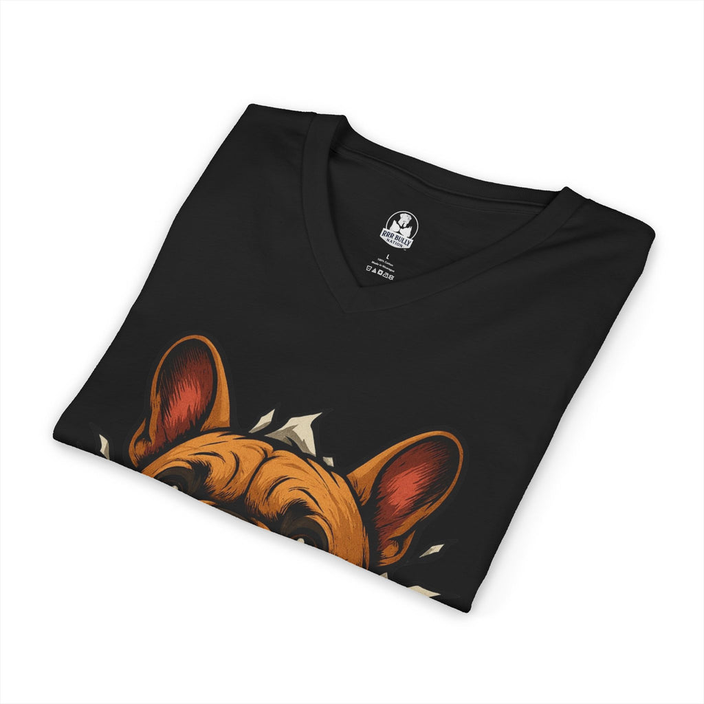 Breaking Through French Bulldog V-Neck Shirt, Frenchie Dog Lover Tee, WhimsyWear French Bulldog Shirt, Funny Frenchie Gift, Women’s V-Neck Tee