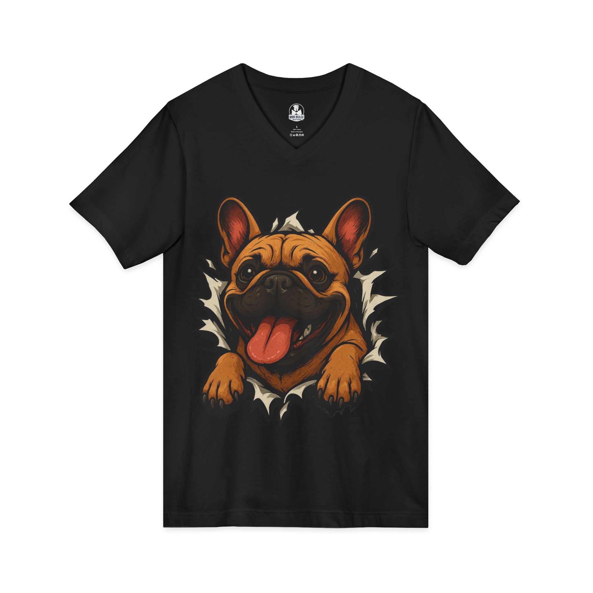 Breaking Through French Bulldog V-Neck Shirt, Frenchie Dog Lover Tee, WhimsyWear French Bulldog Shirt, Funny Frenchie Gift, Women’s V-Neck Tee