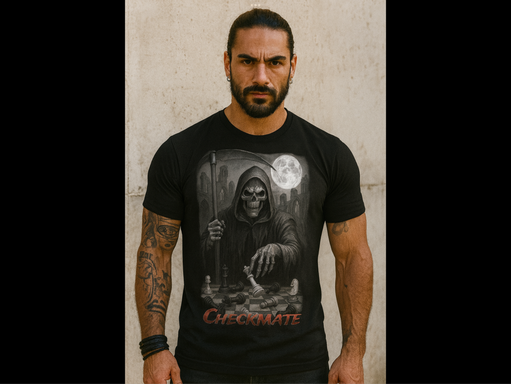 Grim Reaper Checkmate T-Shirt, Gothic Chess Graphic Tee, Dark Streetwear Shirt, Skull and Chessboard Apparel, Urban Edge™ Checkmate