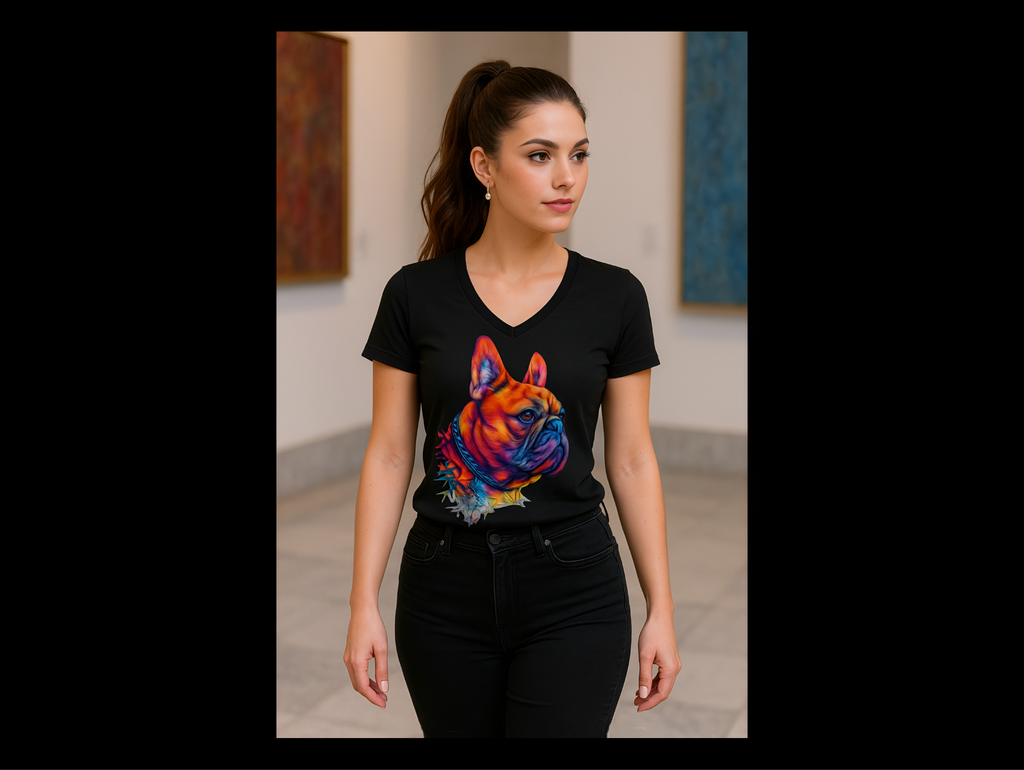 French Bulldog Women’s V-Neck T-Shirt, Colorful Frenchie Graphic Tee, Dog Lover Gift for Women, French Bulldog Art Shirt, Spectrum™