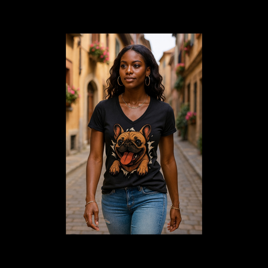 Breaking Through French Bulldog V-Neck Shirt, Frenchie Dog Lover Tee, WhimsyWear French Bulldog Shirt, Funny Frenchie Gift, Women’s V-Neck Tee