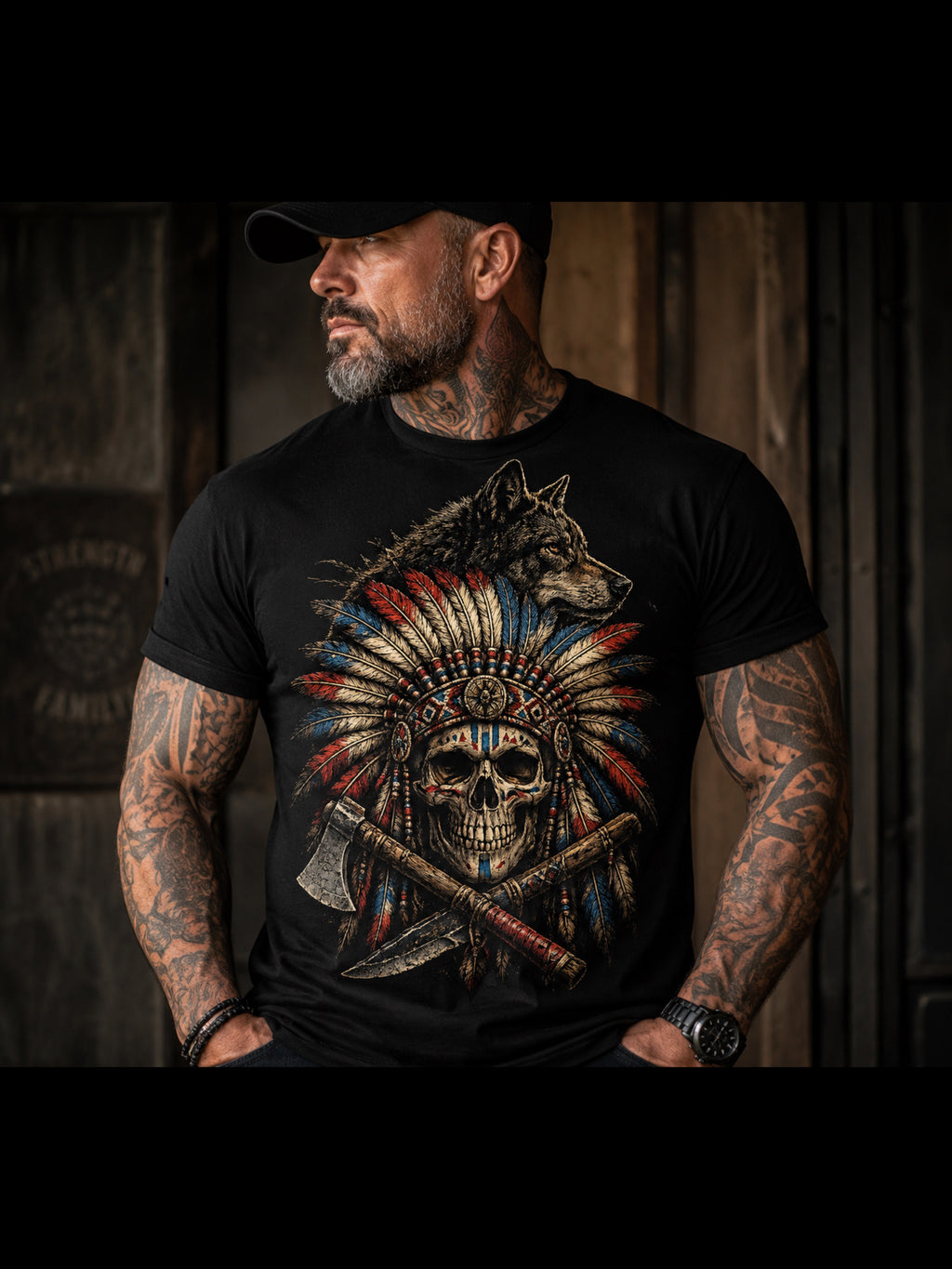 Spirit Guardian™ Native American Wolf Skull T-Shirt | Indigenous Heritage Graphic Tee | Tribal Headdress Warrior Art | Unisex Heavy Cotton Shirt
