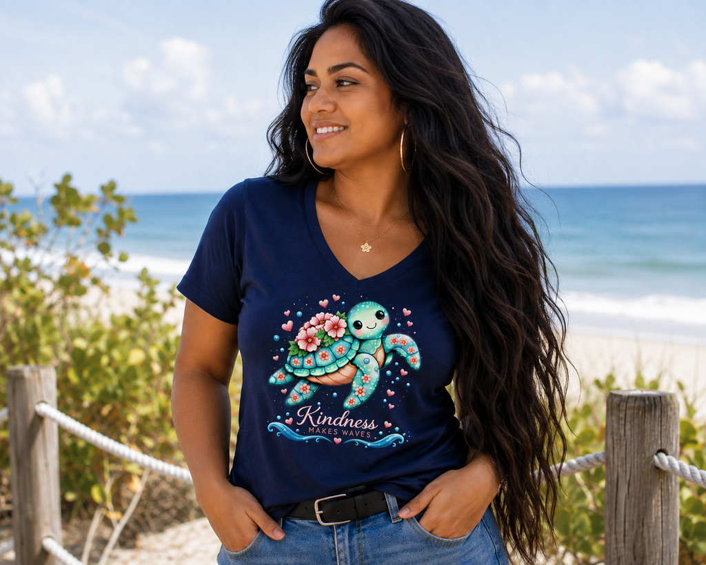 WhimsyWear™ Kindness Makes Waves Sea Turtle V-Neck Graphic Tee