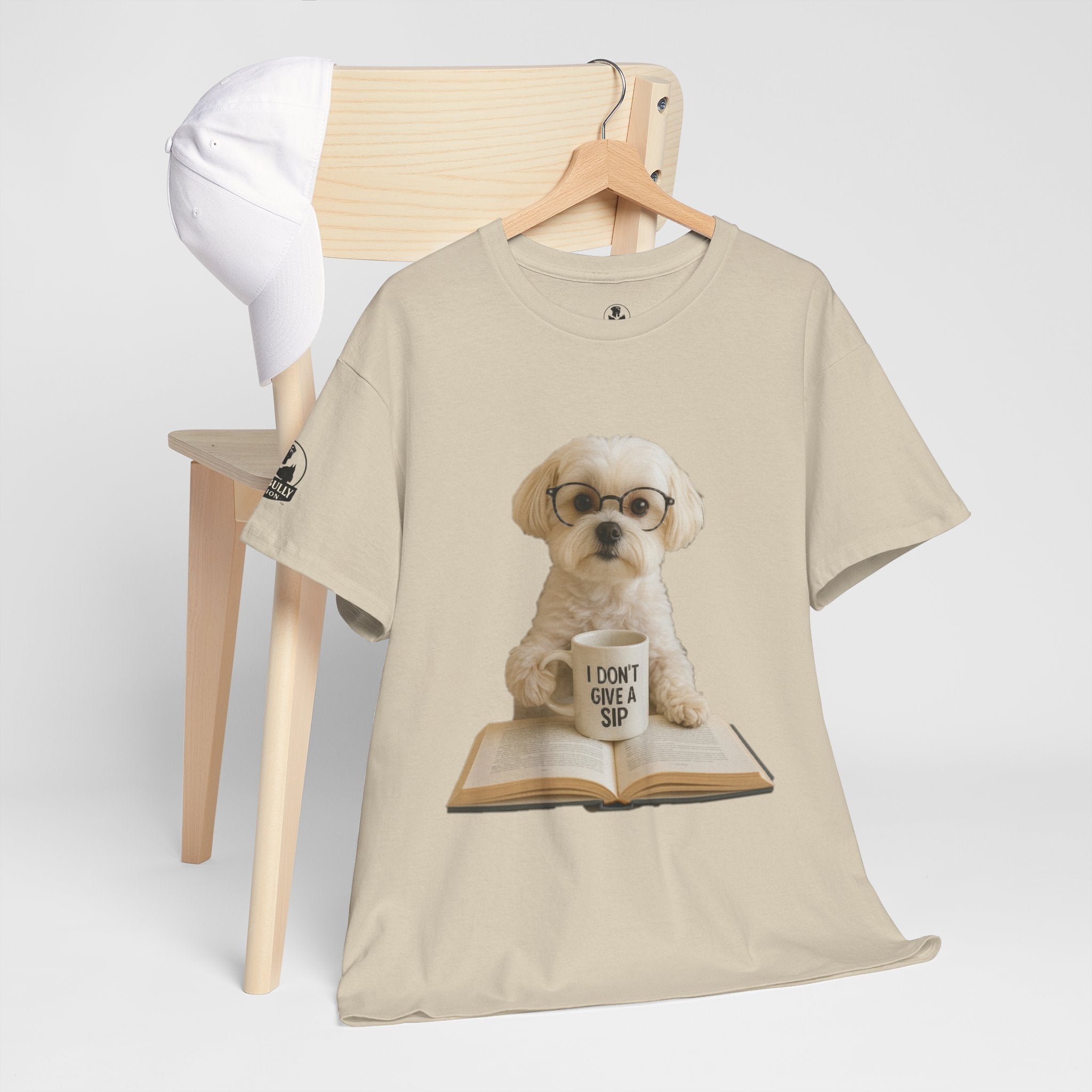 Funny Maltese Dog T-Shirt, Coffee Lover Shirt, Book Lover Gift, Cute Dog Graphic Tee, I Don’t Give A Sip, WhimsyWear™ Unbothered™