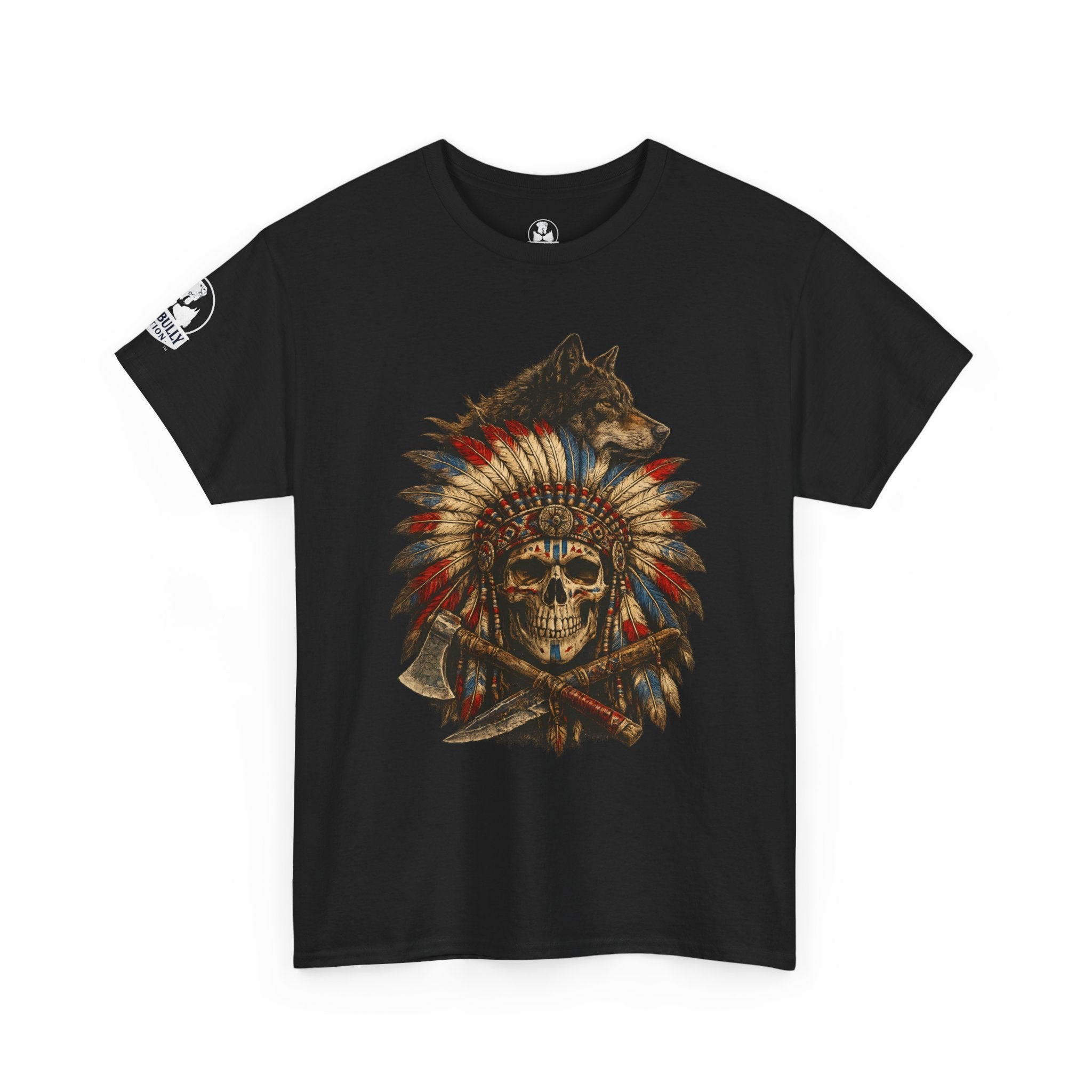 Spirit Guardian™ Native American Wolf Skull T-Shirt | Indigenous Heritage Graphic Tee | Tribal Headdress Warrior Art | Unisex Heavy Cotton Shirt
