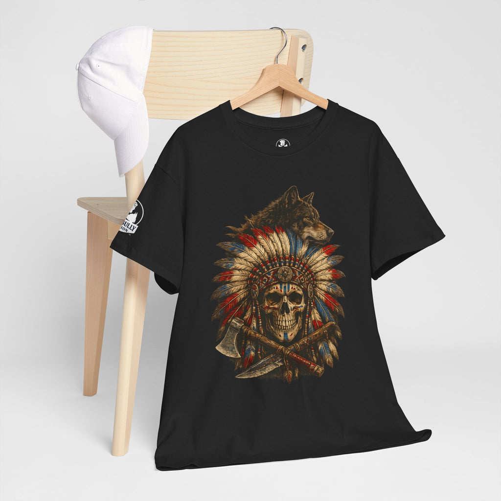 Spirit Guardian™ Native American Wolf Skull T-Shirt | Indigenous Heritage Graphic Tee | Tribal Headdress Warrior Art | Unisex Heavy Cotton Shirt
