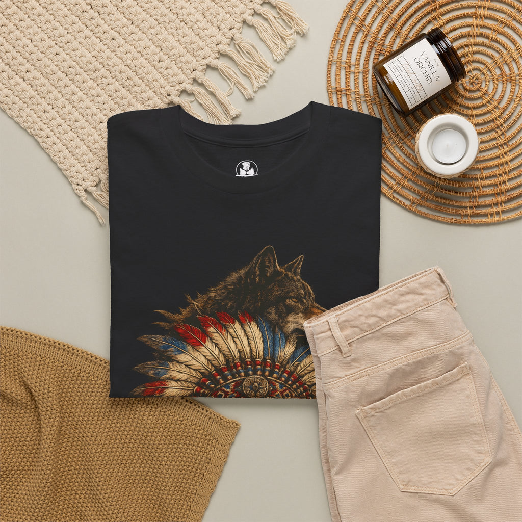 Spirit Guardian™ Native American Wolf Skull T-Shirt | Indigenous Heritage Graphic Tee | Tribal Headdress Warrior Art | Unisex Heavy Cotton Shirt
