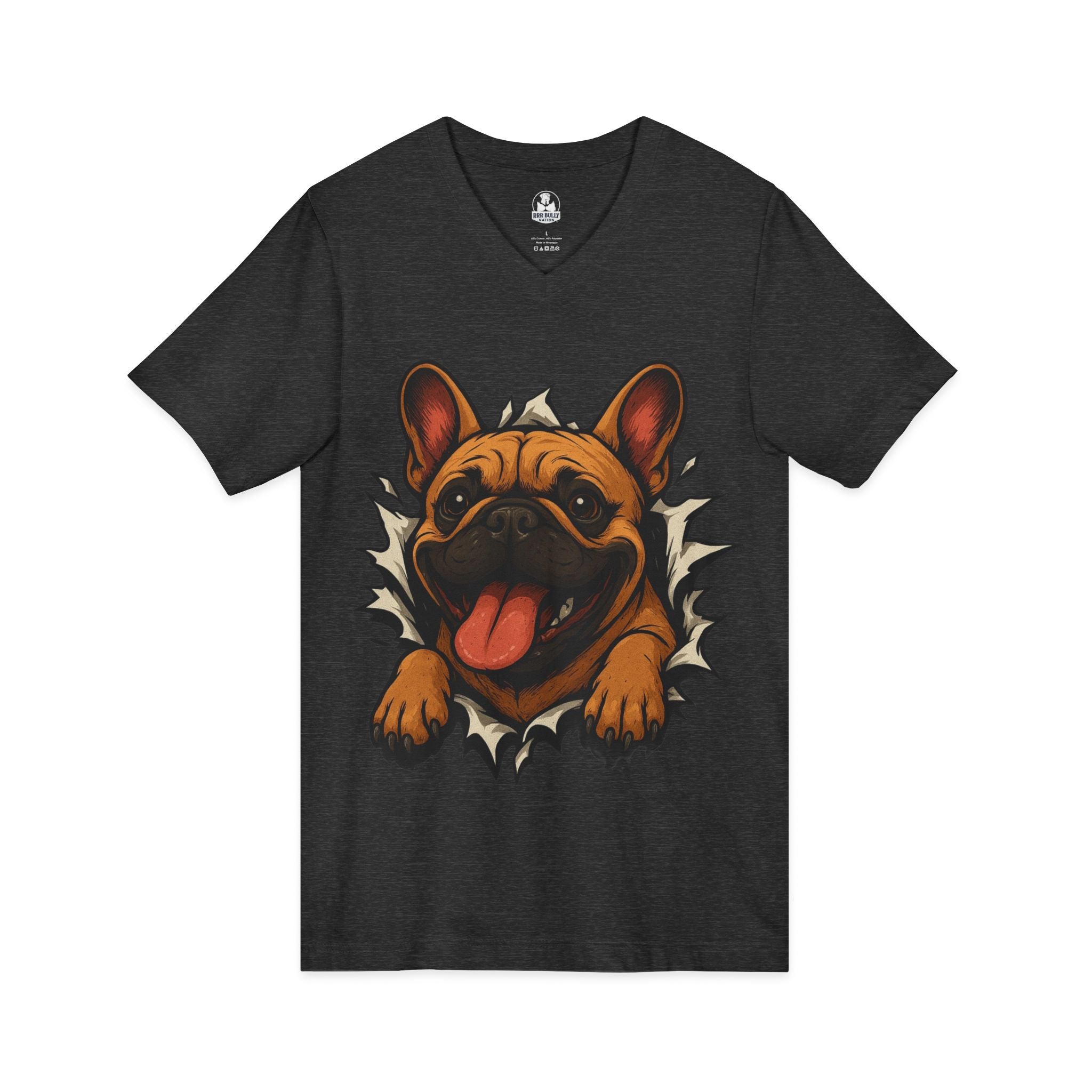 Breaking Through French Bulldog V-Neck Shirt, Frenchie Dog Lover Tee, WhimsyWear French Bulldog Shirt, Funny Frenchie Gift, Women’s V-Neck Tee